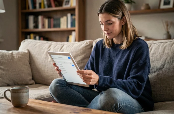 Femme utilisant une tablette pour gérer ses téléchargements sécurisés avec un abonnement premium sur 1fichier
