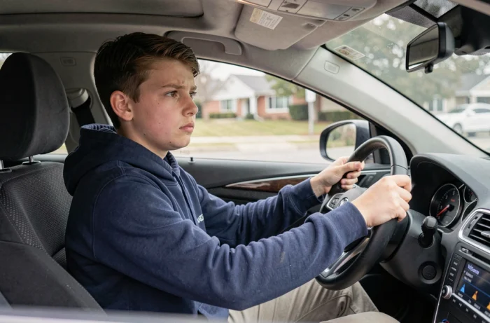 Adolescent de 16 ans au volant d'une voiture lors d'une leçon de conduite accompagnée, mains sur le volant, expression concentrée