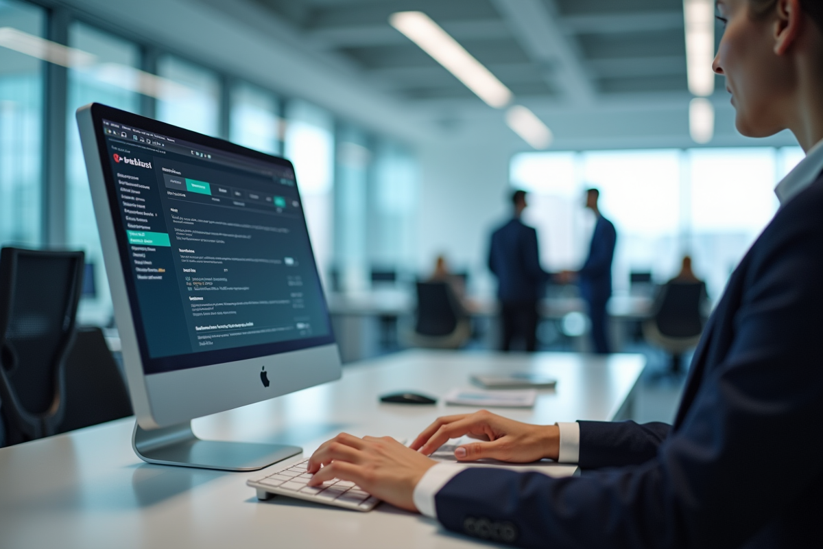 Agent public concentré sur un écran intranet dans un bureau lumineux