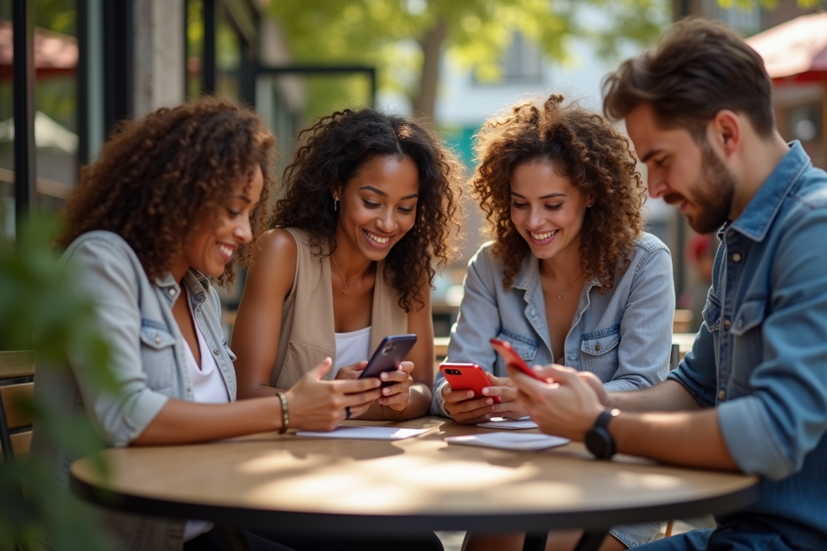 Groupe d amis avec leurs smartphones dans un café en plein air