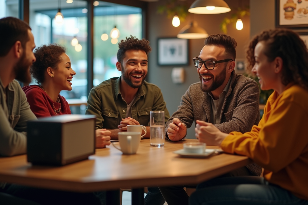 Groupe d amis discutant dans un café moderne avec radio classique