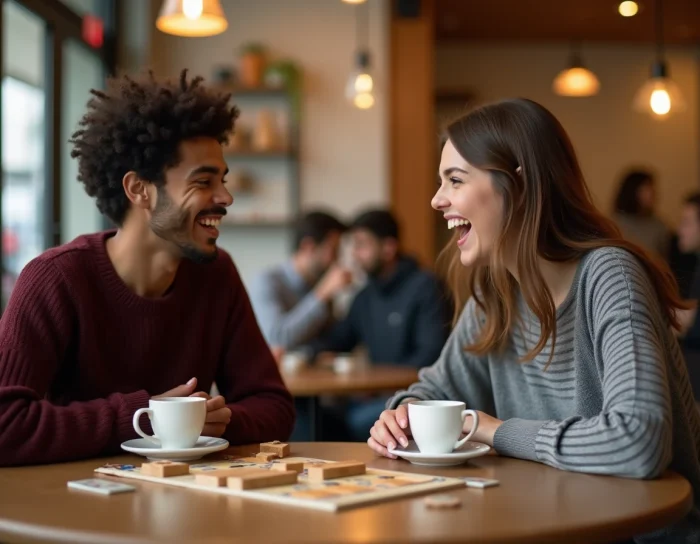 Deux amis jouant à un jeu de société dans un café chaleureux, riant autour d'une table avec des tasses de café