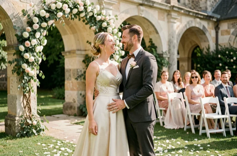 Mariés souriants lors d'une cérémonie de mariage en plein air dans un jardin de château français orné de roses blanches et d'eucalyptus