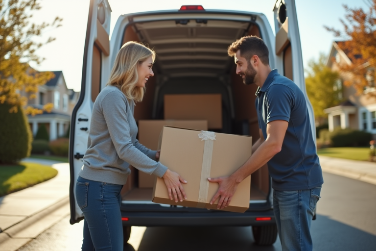 Homme et femme chargeant des cartons dans une camionnette blanche en journée