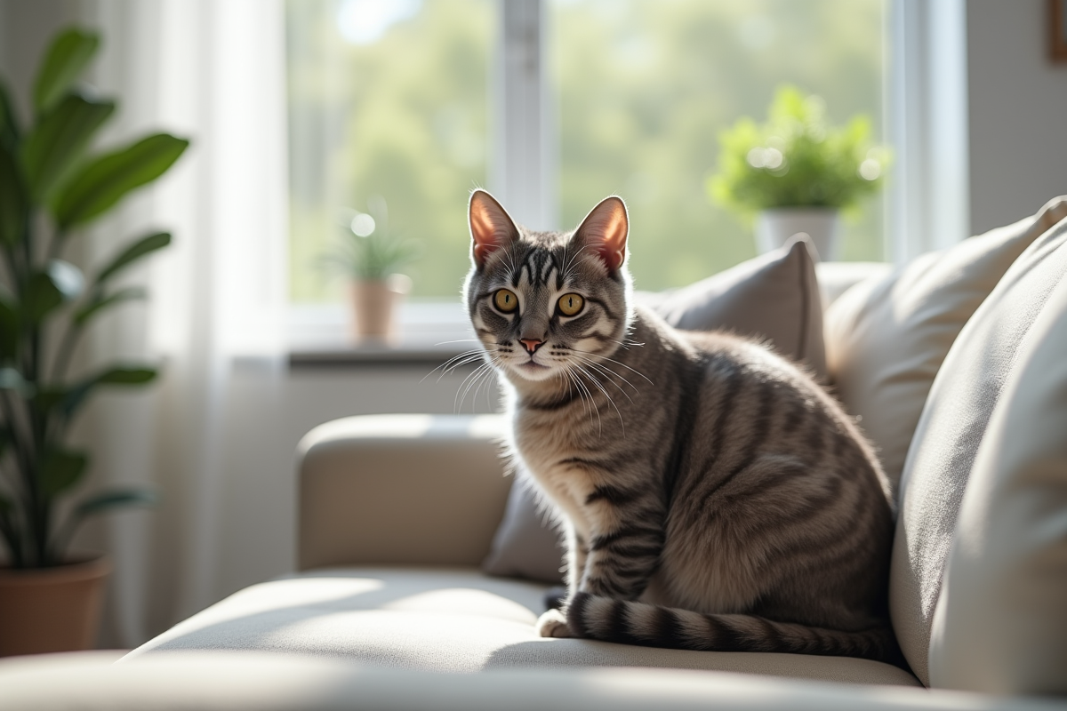 Chat british shorthair assis sur un canapé moderne lumineux