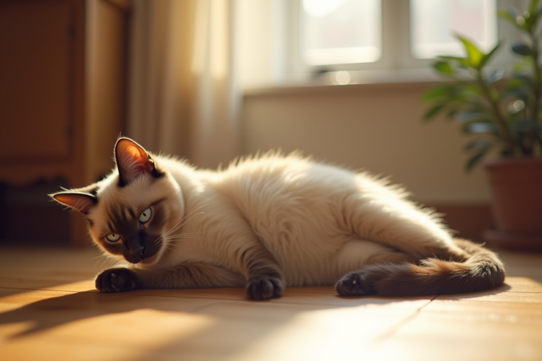 Chat siamois élégant allongé sur un sol en bois ensoleillé