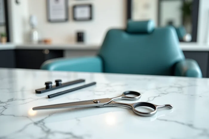 Ciseaux de coiffure professionnels et peigne à queue sur un comptoir en marbre blanc dans un salon de coiffure moderne