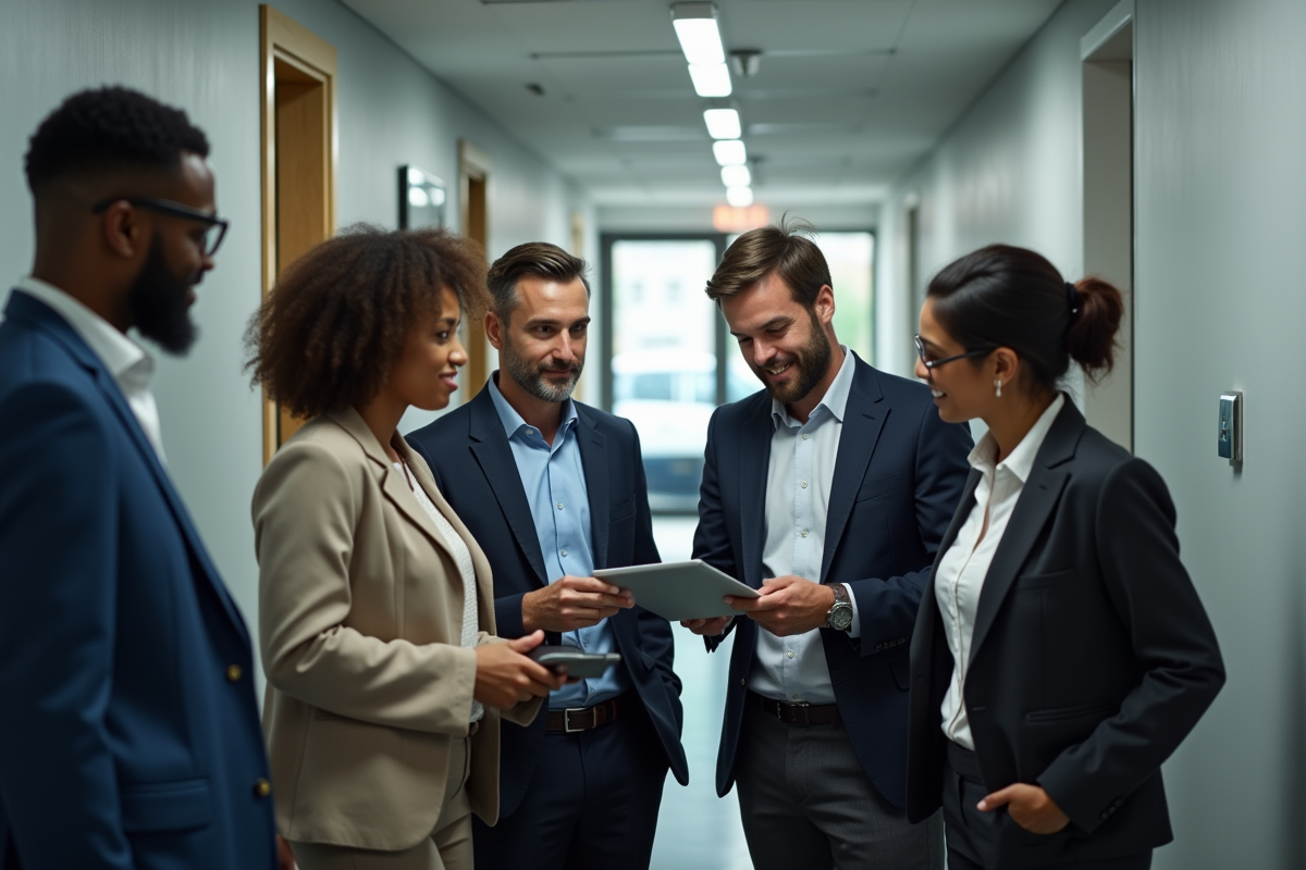 Groupe de coworkers discutant de documents RH sur une tablette