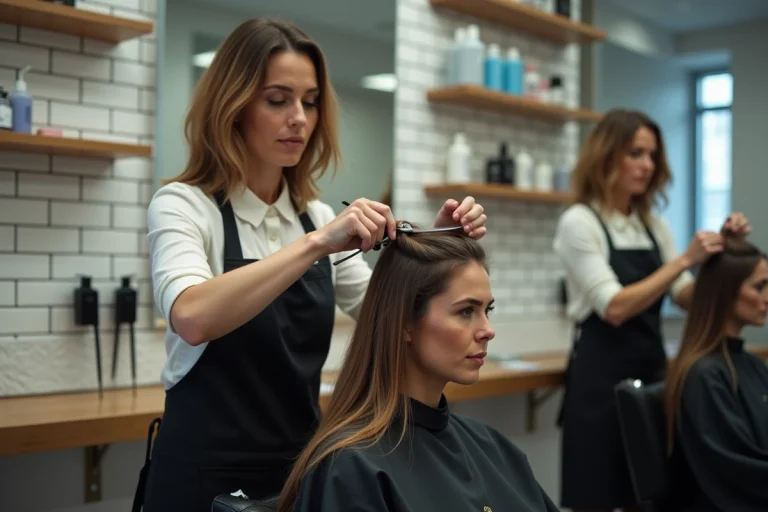 Coiffeuse professionnelle réalisant une coupe papillon sur une cliente dans un salon moderne avec miroirs et carrelage blanc