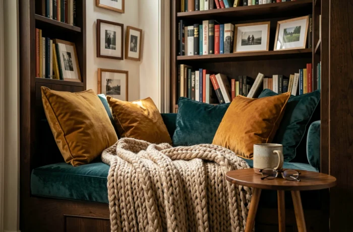 Coin lecture cosy avec banquette en velours sarcelle, coussins moutarde et bibliothèque intégrée en noyer dans une chambre à coucher