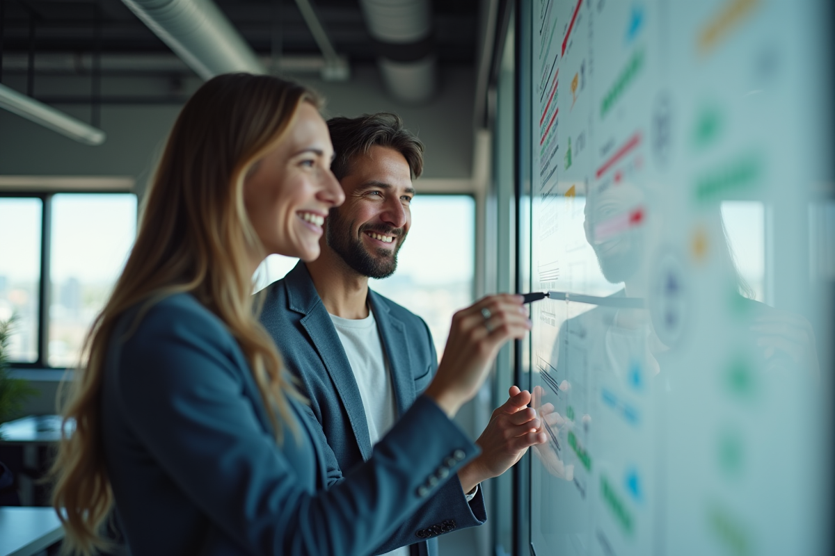 Deux collègues souriants collaborant devant un tableau numérique