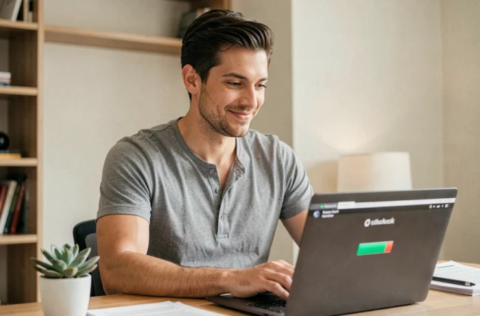 Homme utilisant un compte premium 1fichier pour télécharger rapidement des fichiers depuis son ordinateur portable à son bureau