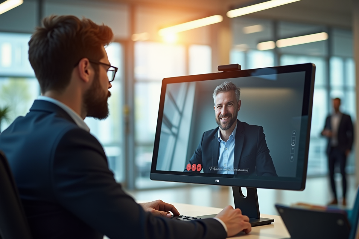 Conseiller bancaire en visioconférence avec un client dans une agence lumineuse