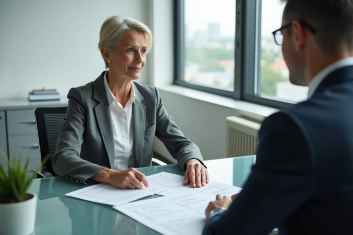 Femme en consultation avec un conseiller pour les démarches de rachat de rente suite à un accident du travail