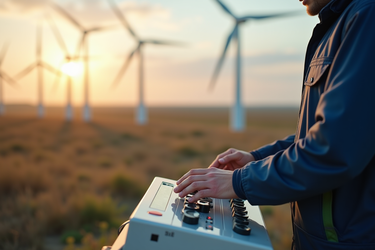 Mains d’un ingénieur ajustant une turbine éolienne en extérieur