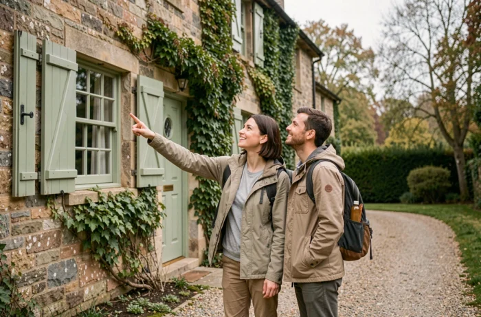 Couple de voyageurs découvrant une chambre d'hôtes pittoresque à la campagne pour choisir leur hébergement idéal