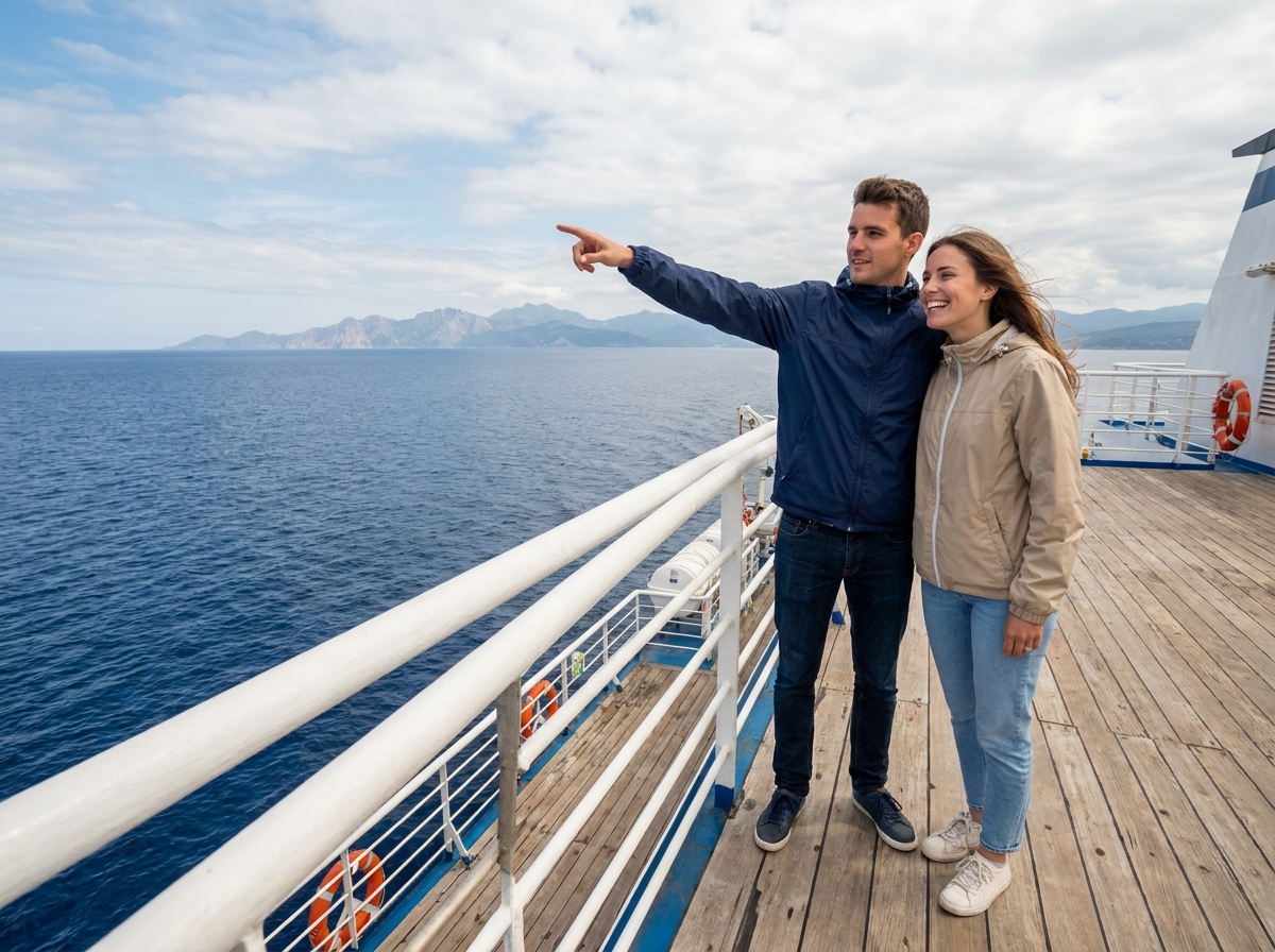 Jeune couple sur le ferry regardant la côte corse