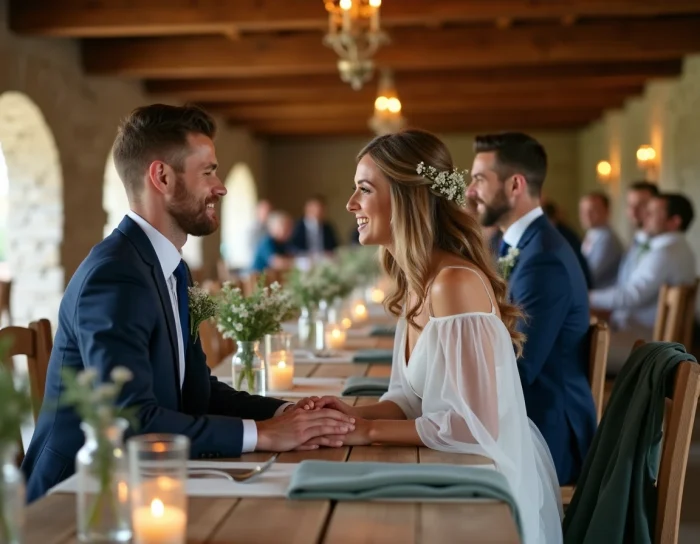 Couple de mariés se tenant la main à une table de réception décorée de fleurs sauvages et de bougies dans une grange en pierre