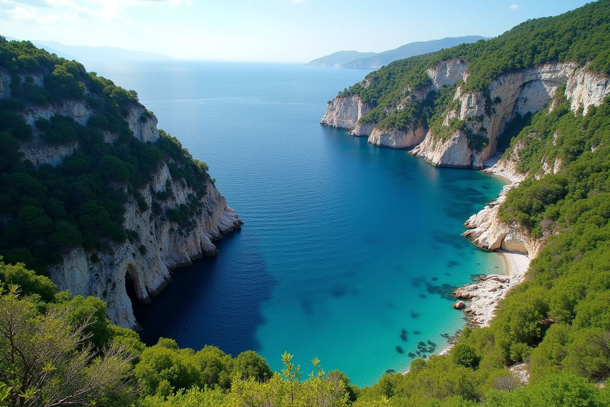 Crique européenne isolée avec falaises vertes et mer bleue