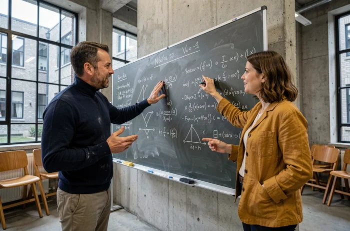 Deux chercheurs en débat devant un tableau noir rempli d'équations et de concepts philosophiques dans une salle de séminaire universitaire