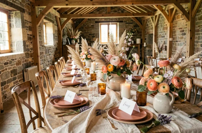 Décoration de table de réception de mariage rustique dans une grange en pierre avec fleurs séchées, bougies ambrées et vaisselle en céramique terracotta
