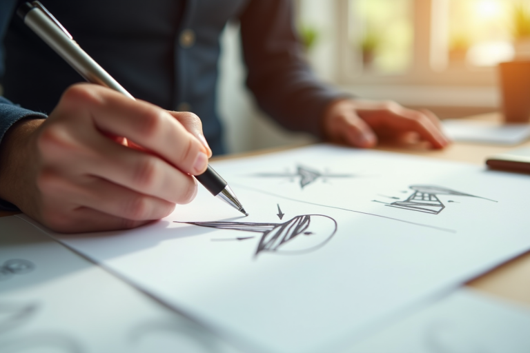 Mains d'un designer esquissant un logo classique sur papier