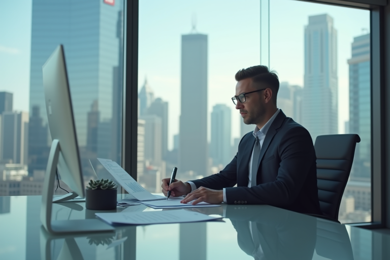 Directeur confiant dans un bureau moderne avec vue sur la ville