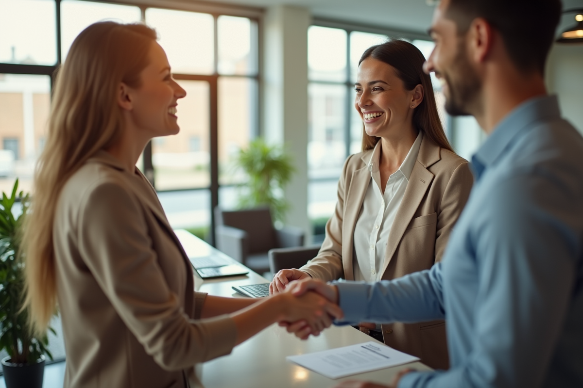 Femme confiante serrant la main d un agent municipal souriant