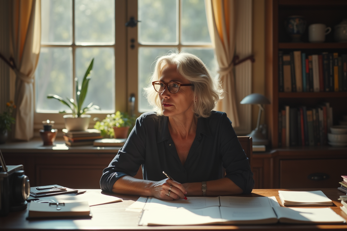 Femme scénariste réfléchissant à son bureau entourée de scripts