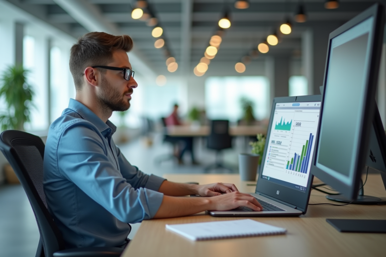 Employe au bureau avec documents RH sur son ordinateur