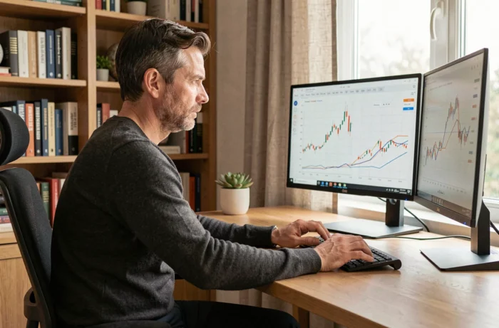 Entrepreneur analysant des graphiques de croissance d'entreprise sur deux écrans dans un bureau à domicile