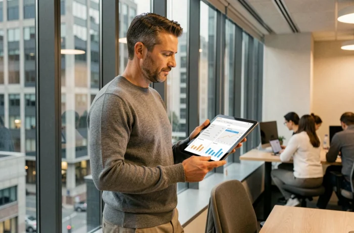 Entrepreneur masculin consultant des workflows structurés sur tablette dans un espace de coworking moderne