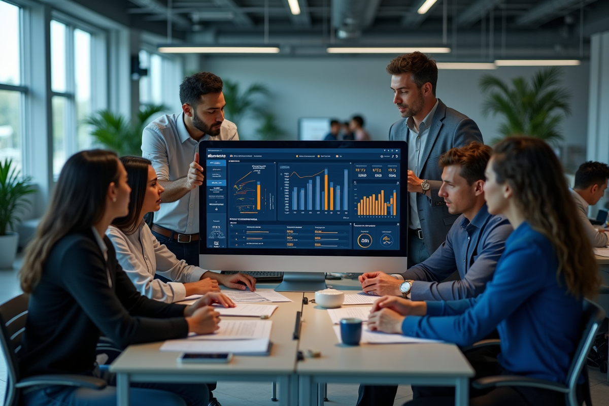 Equipe diversifiee d experts auto collaborant autour d un tableau digital
