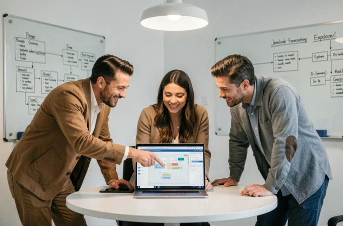 Équipe professionnelle collaborant autour d'un outil de structuration business sur ordinateur portable en salle de réunion
