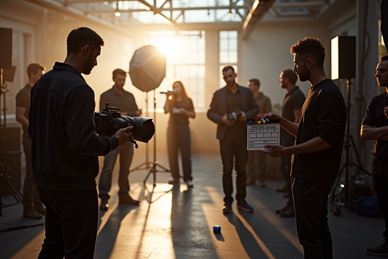 Équipe de tournage en coulisses sur un plateau de film