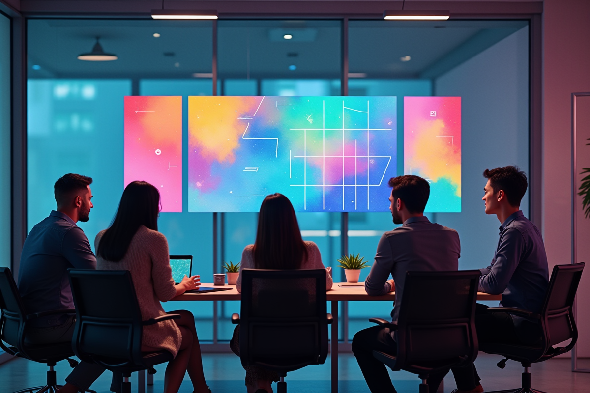 Equipe de design dans un bureau moderne analysant maquettes