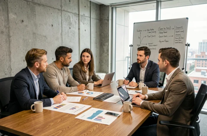 Équipe professionnelle en réunion de stratégie autour d'une table de conférence avec des rapports de performance