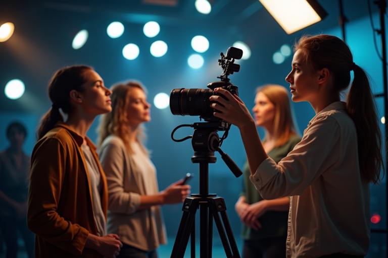 Groupe de femmes travaillant sur un plateau TV avec technicien en éclairage