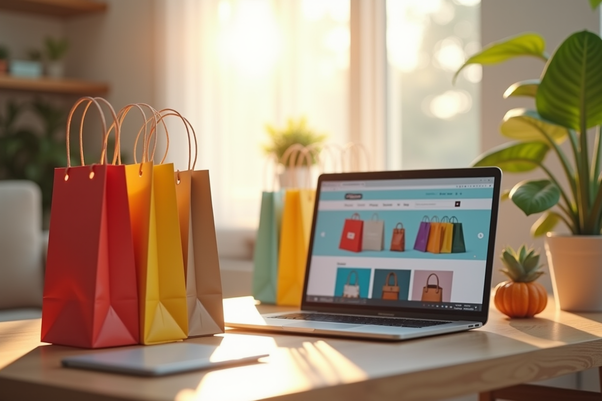 Espace de travail lumineux avec sacs de marques et ordinateur