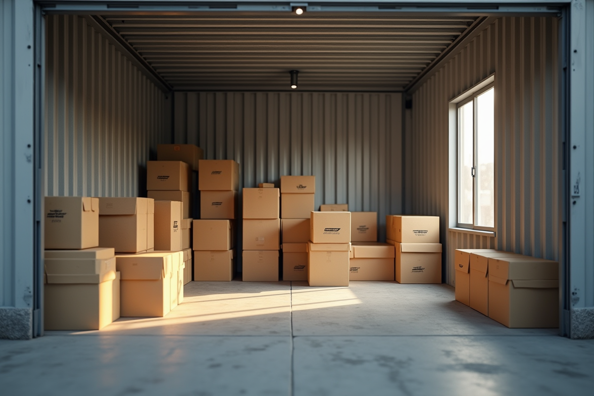 Espace de stockage vide avec caisses etiquetees