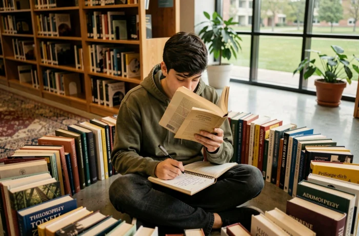 Étudiant en philosophie lisant entouré de livres de sciences et de philosophie sur le sol d'une bibliothèque universitaire moderne
