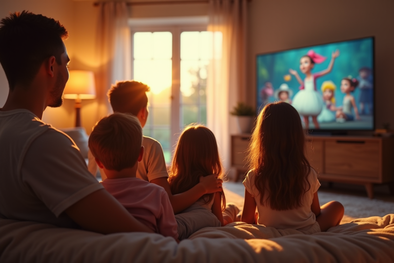 Famille regardant un film animé dans un salon chaleureux