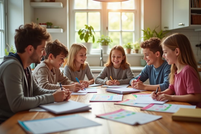 Famille heureuse autour d'une table planifiant l'année scolaire