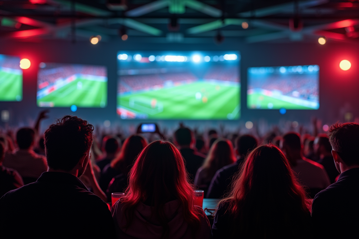 Fans passionnes regardant un match dans un bar sportif la nuit