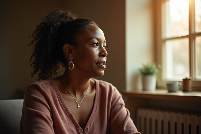 Femme africaine méditative près d'une fenêtre en lumière naturelle
