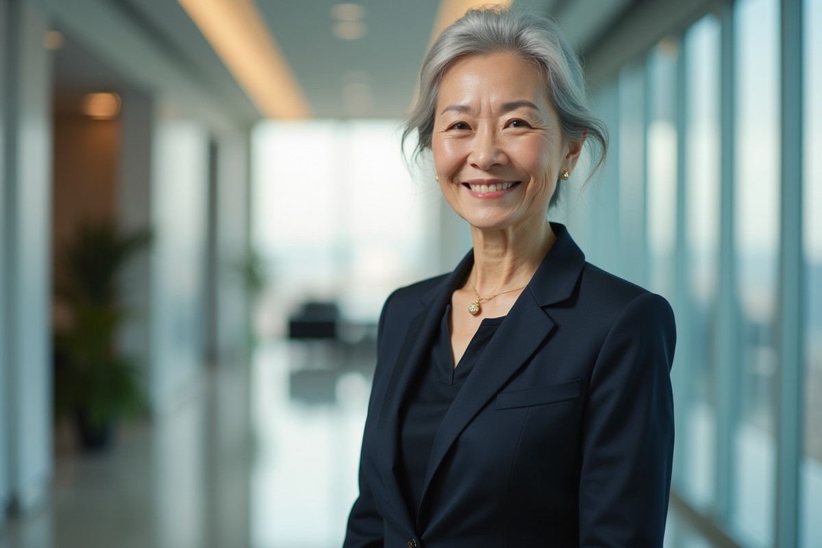 Femme asiatique en costume professionnel dans un bureau moderne