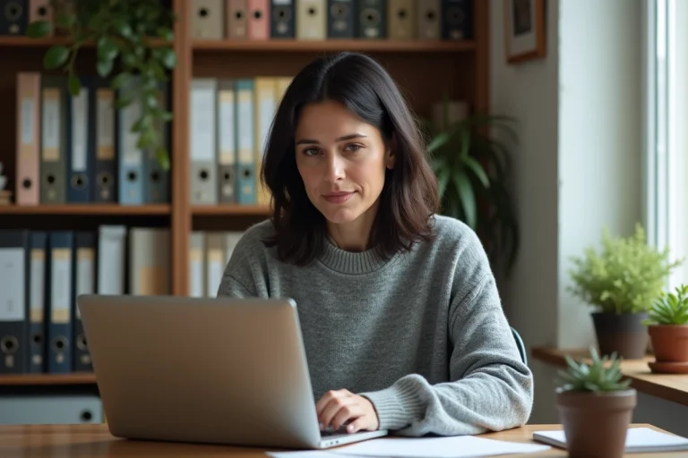 Femme concentrée utilisant un ordinateur portable à son bureau pour apprendre des astuces informatiques au quotidien