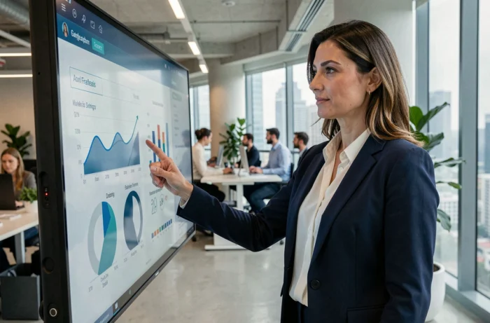 Femme cadre présentant des indicateurs de performance sur un écran tactile dans un bureau moderne en 2024