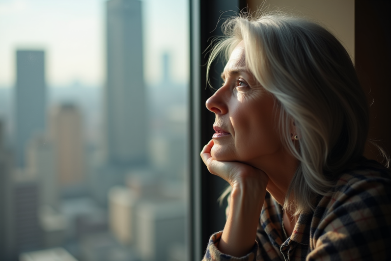 Femme d'âge moyen contemplant la vue par la fenêtre