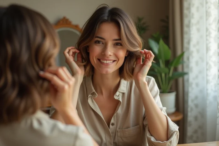 Femme montrant sa coupe papillon avec des couches encadrant le visage devant un miroir vintage dans une chambre cosy